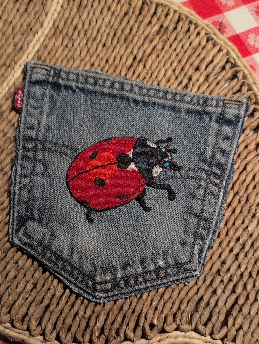 Hand Crafted Levi's Red Tag Denim Pocket& Ladybug Patch🐞